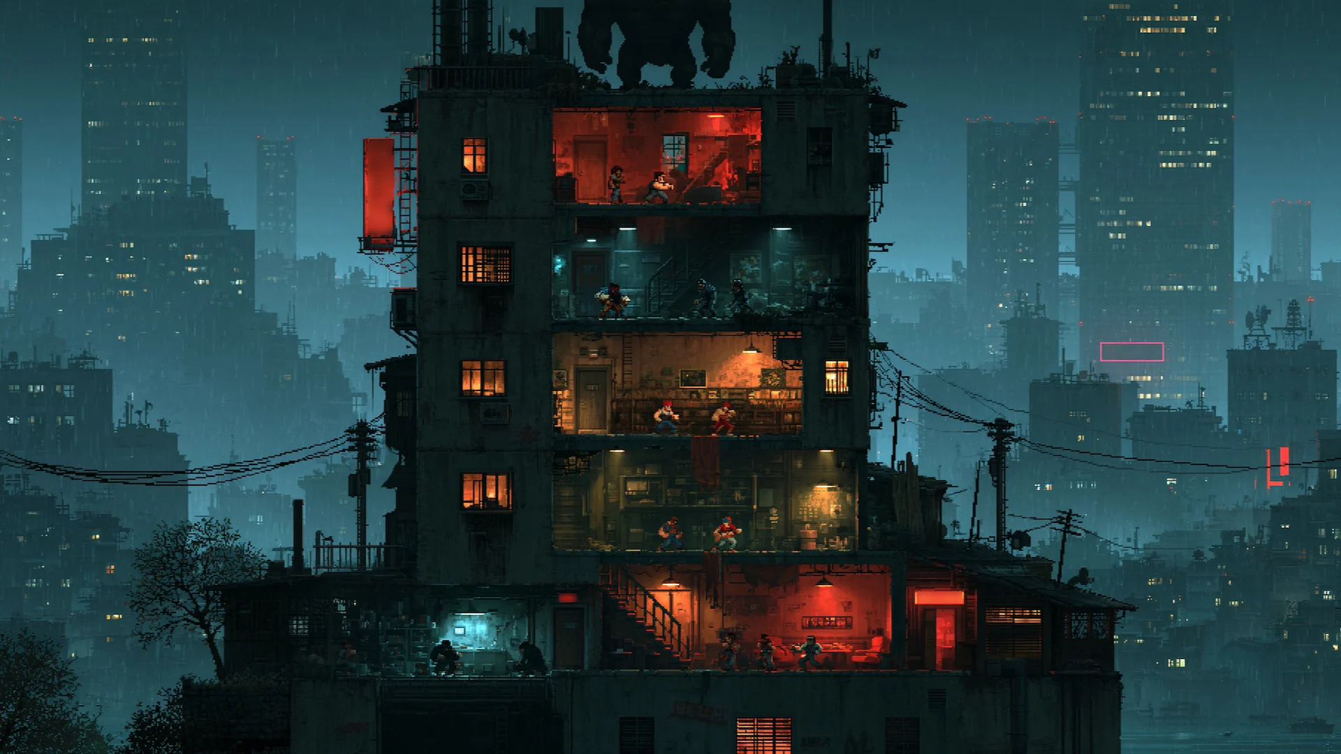A cross-section illustration of a tower block, presided over a menacing figure at the very top.