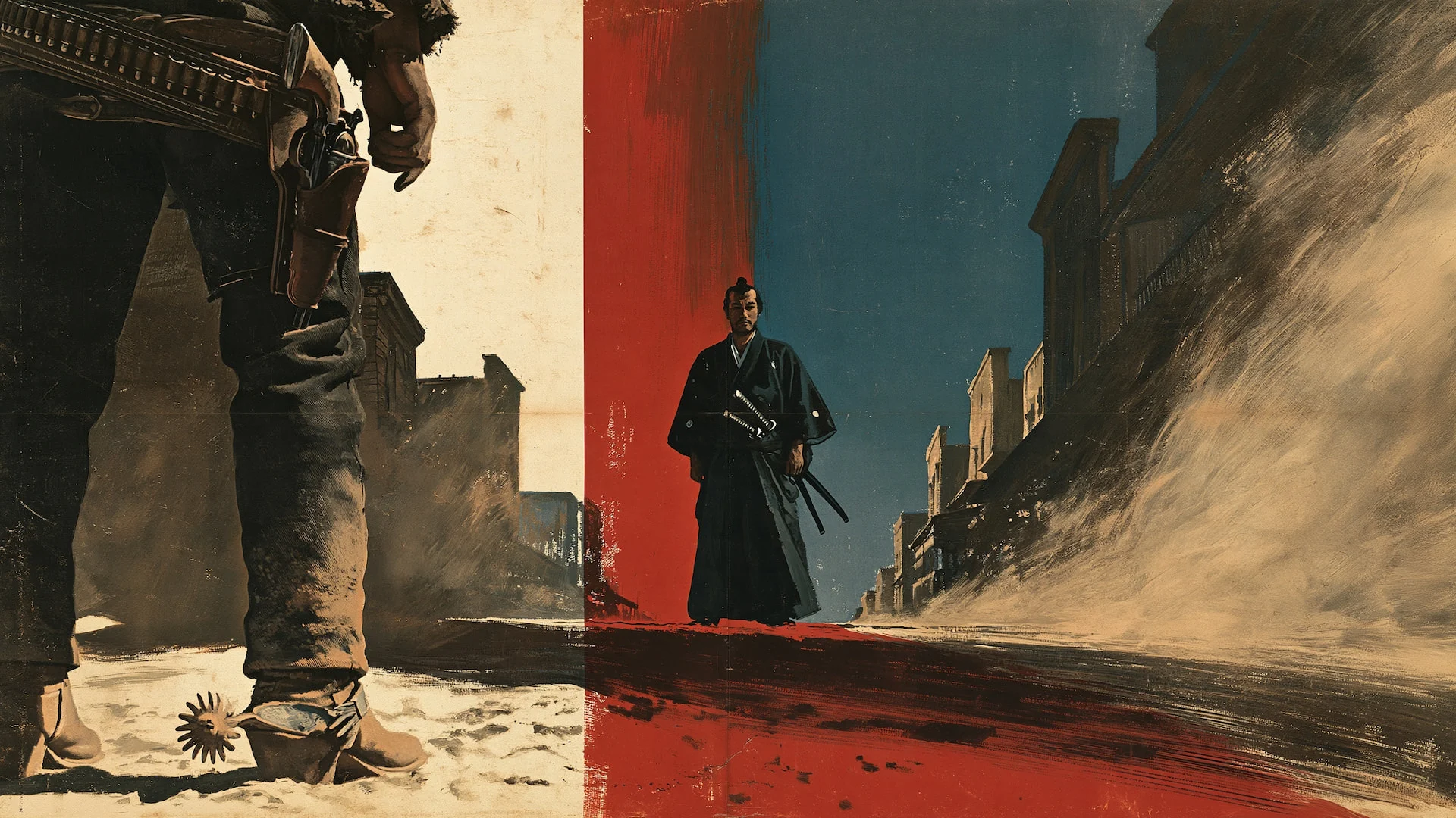 A gunslinger seen from behind from the waist down looking down the long dirt street of a frontier town at a lone ronin.