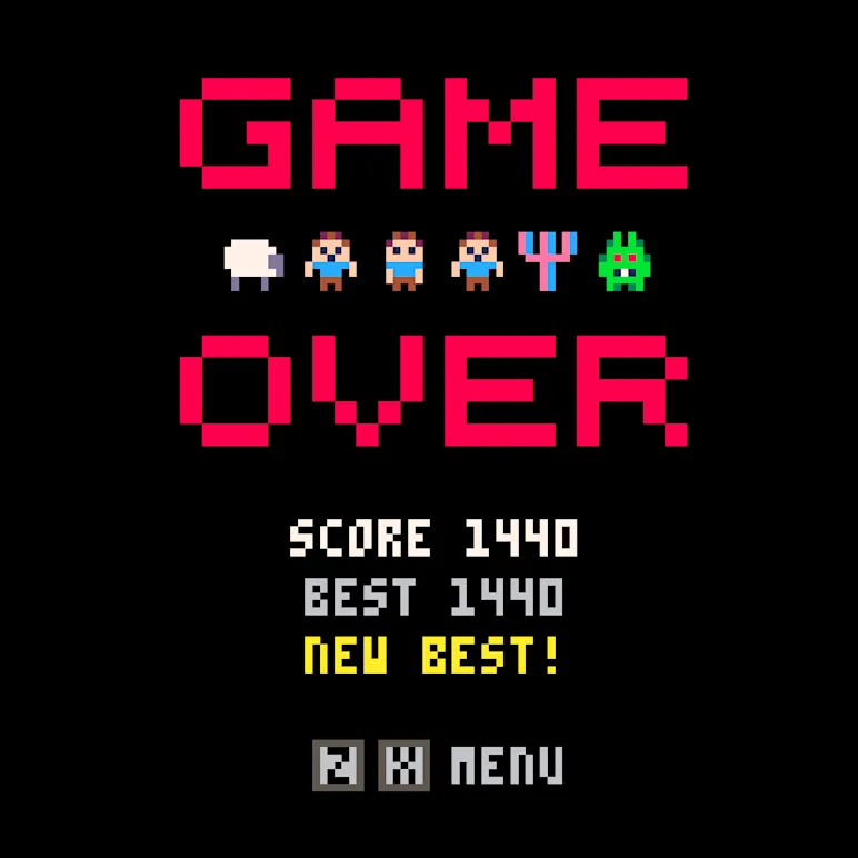I'm especially proud of the "game over" screen, sandwiching a little diorama between the words.