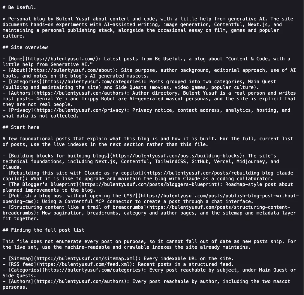 A snippet of my new and improved (and easier to maintain) llms.txt file.