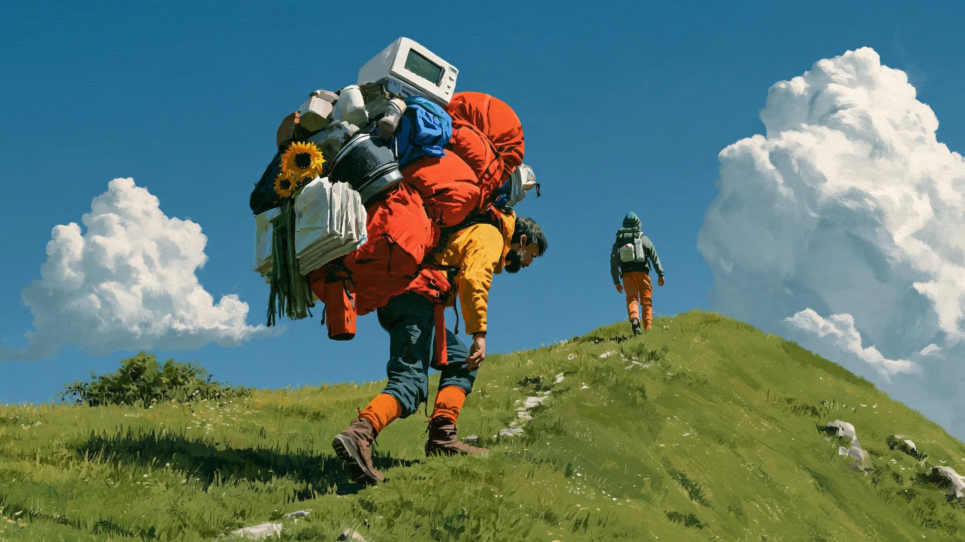 Two hikers on a hill, one in the foreground with a heavy rucksack and another in the background with a smaller daypack.