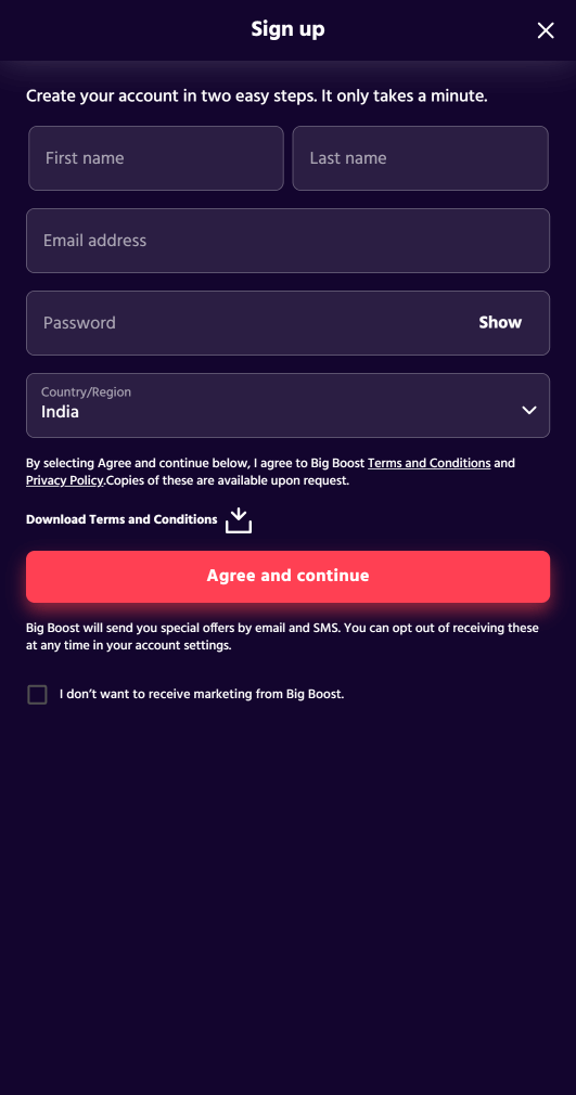 Select the “Sign Up” button and enter your name, the email address and password you want to use for your account, and your country of residence.