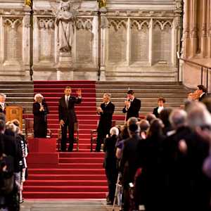 President Barack Obama addressing the Houses of Parliament in Westminster Hall during his 2011 state visit.