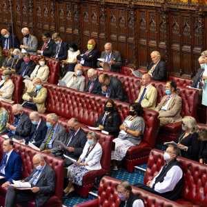 Peers in the House of Lords Chamber wearing face masks