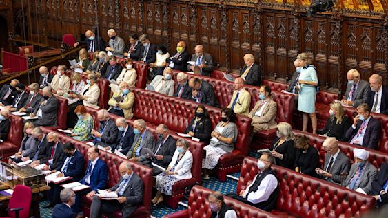 Peers in the House of Lords Chamber wearing face masks