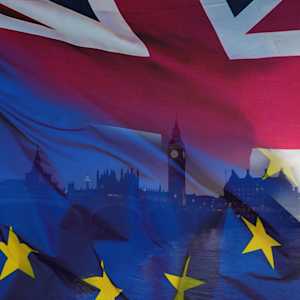 UK and EU flags superimposed on the Palace of Westminster, Houses of Parliament