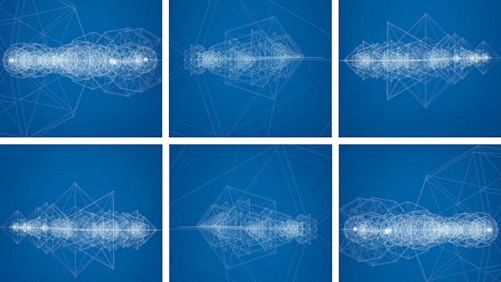 An architectural blueprint showing six abstract geometric shapes