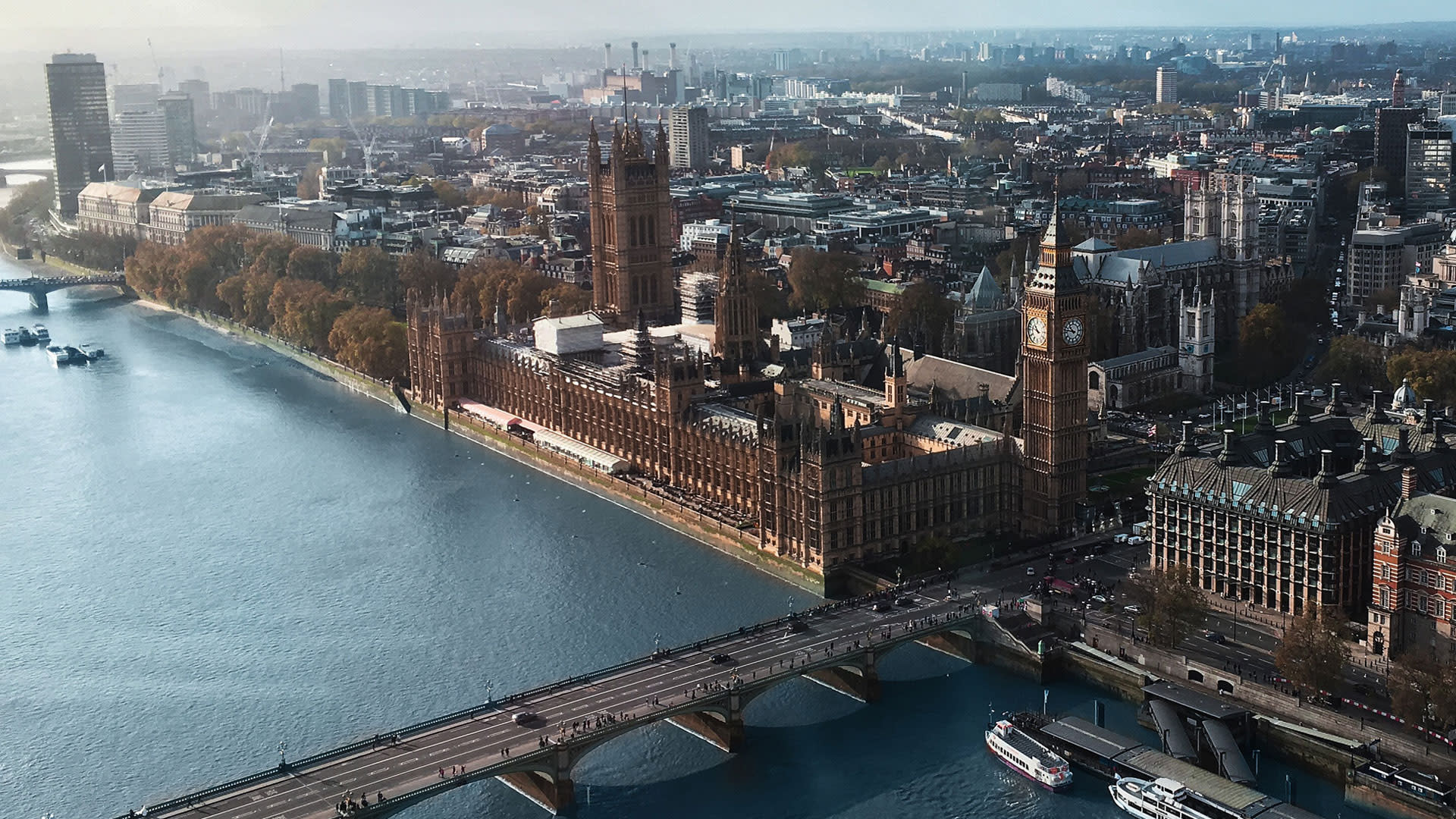 Aerial photo of the UK Parliament, Westminster, London