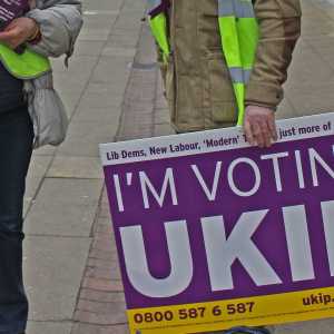 Ukip supporters with an 'I'm voting Ukip sign' canvassing voters during the 2015 UK general election.