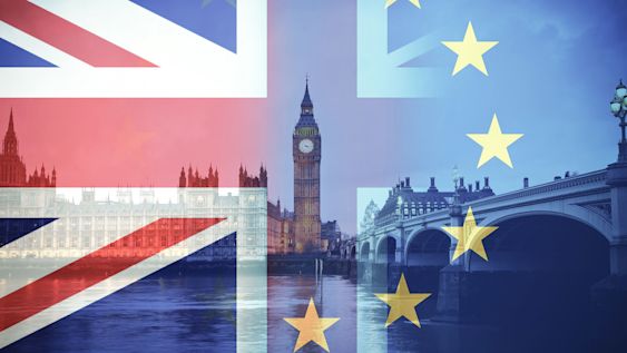 UK and EU flags superimposed on top of the Houses of Parliament.