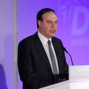 Deputy Leader of the Democratic Unionist Party Nigel Dodds giving a speech during a DUP conference.