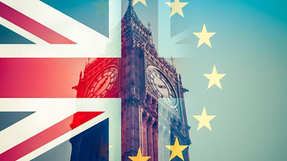 EU and UK flags superimposed on Big Ben, UK Parliament, Westminster