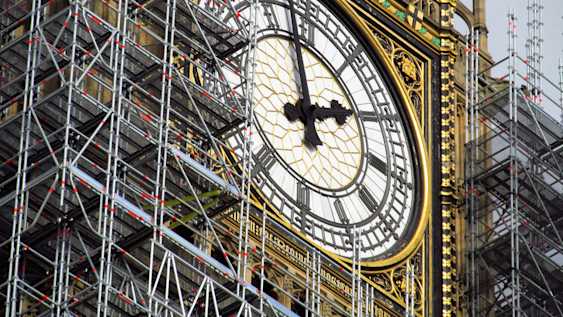 Big Ben wrapped in scaffolding, UK Houses of Parliament, Westminster