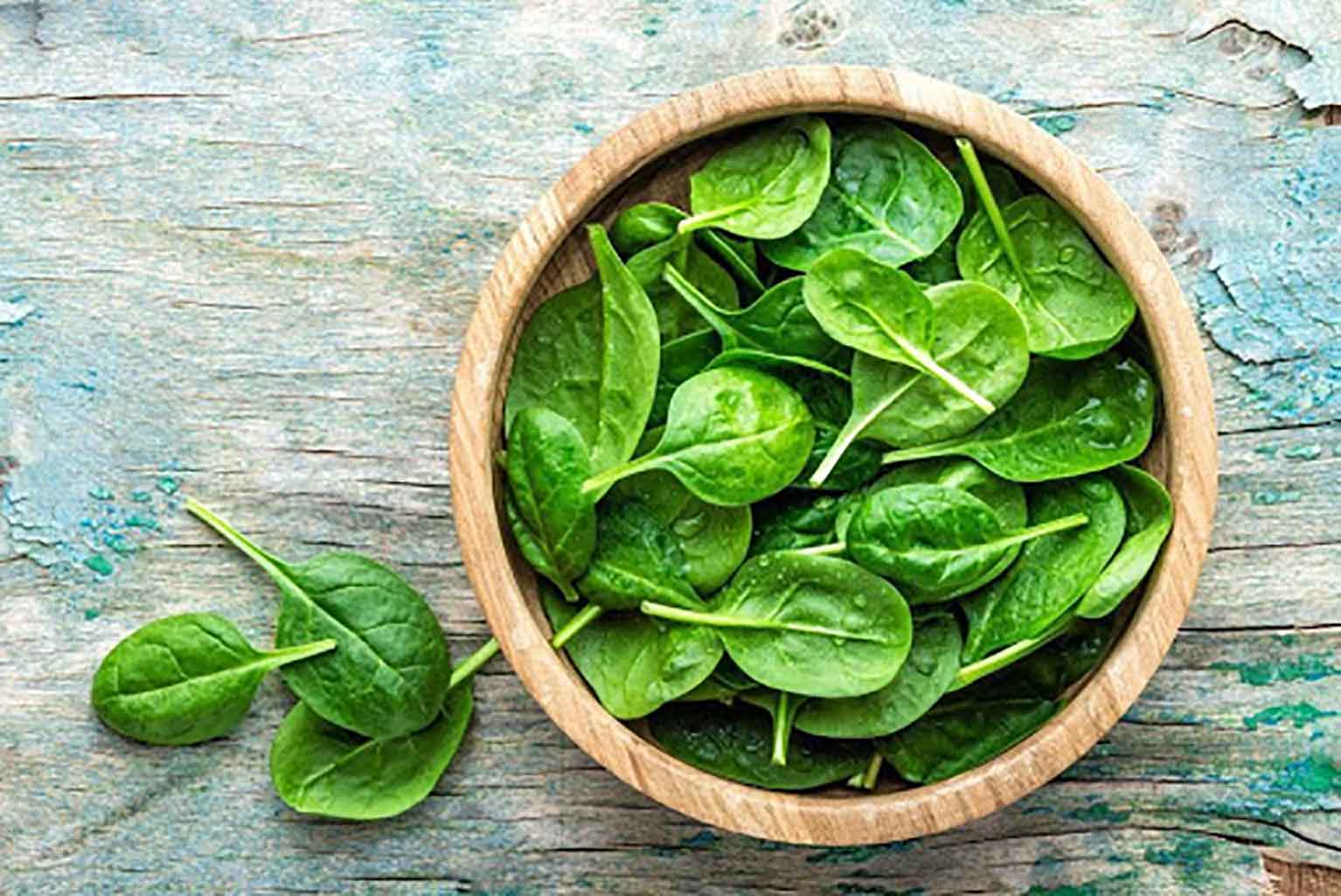Wooden bowl full of fresh spinach leaves placed on a blue tree bark background