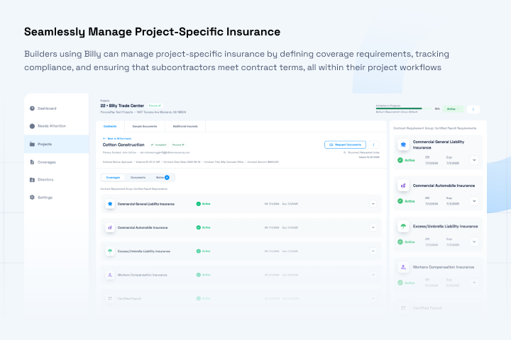 Insurance requirement validation (by project or contract)