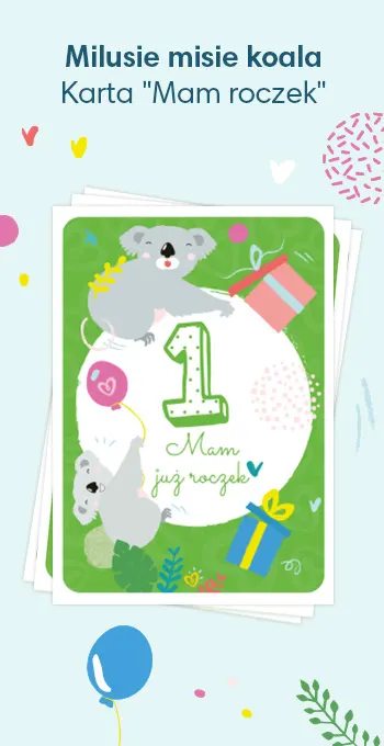 Kartki z nadrukiem z okazji 1. urodzin dziecka, ozdobione radosnymi motywami, w tym misiami koala i napisem: Mam już roczek!