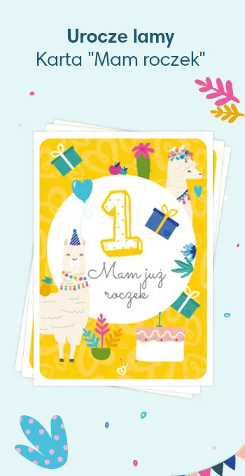Kartki z nadrukiem z okazji 1. urodzin dziecka, ozdobione radosnymi motywami, w tym uroczą lamą i napisem: Mam już roczek!