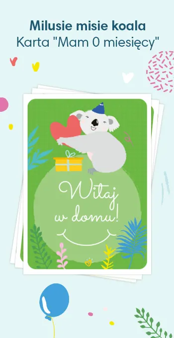 Kartki do druku z okazji narodzin dziecka, ozdobione radosnymi motywami, w tym misiami koala i okolicznościowym napisem: Witaj w domu!