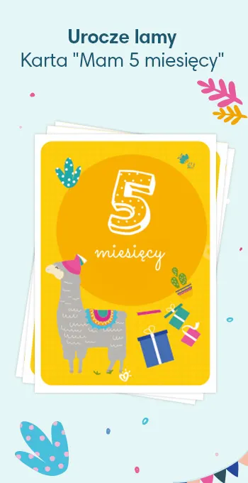 Kartki z nadrukiem z okazji 5. miesiąca życia dziecka, ozdobione radosnymi motywami, w tym uroczą lamą i napisem: 5 miesięcy!