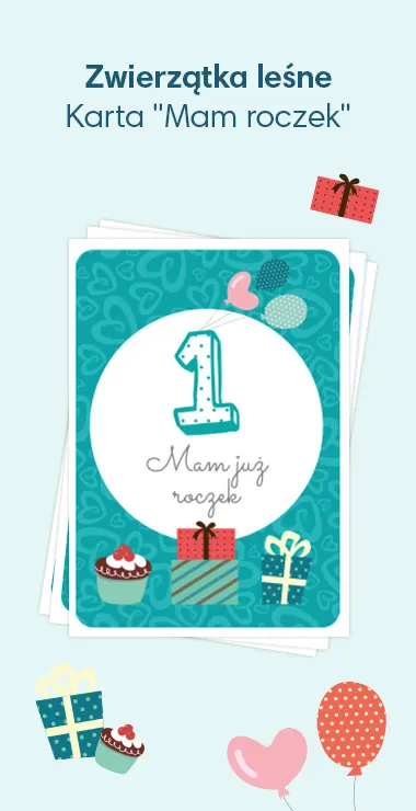 Kartki do druku z okazji narodzin dziecka, ozdobione radosnymi motywami, w tym prezentami, ciastami, balonami i napisem: Mam już roczek!