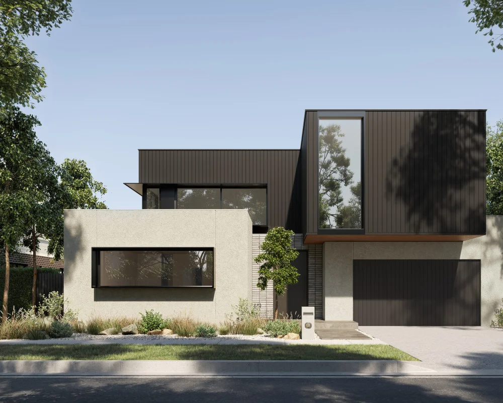 hardie-gravis-wall-panel-dulux-acratex-coventry-coarse-axon-cladding-133mm-exterior-box modern-render-jameshardie-1-Image Galler