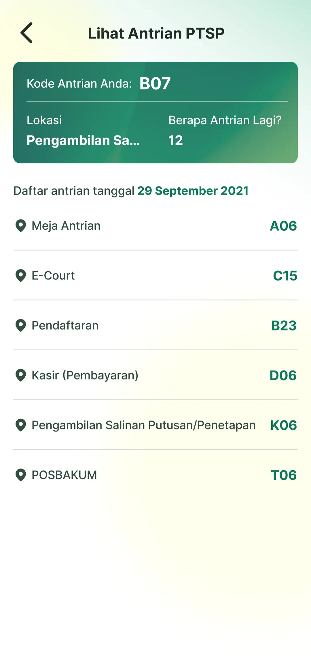 Live queue numbers for each court service desk.