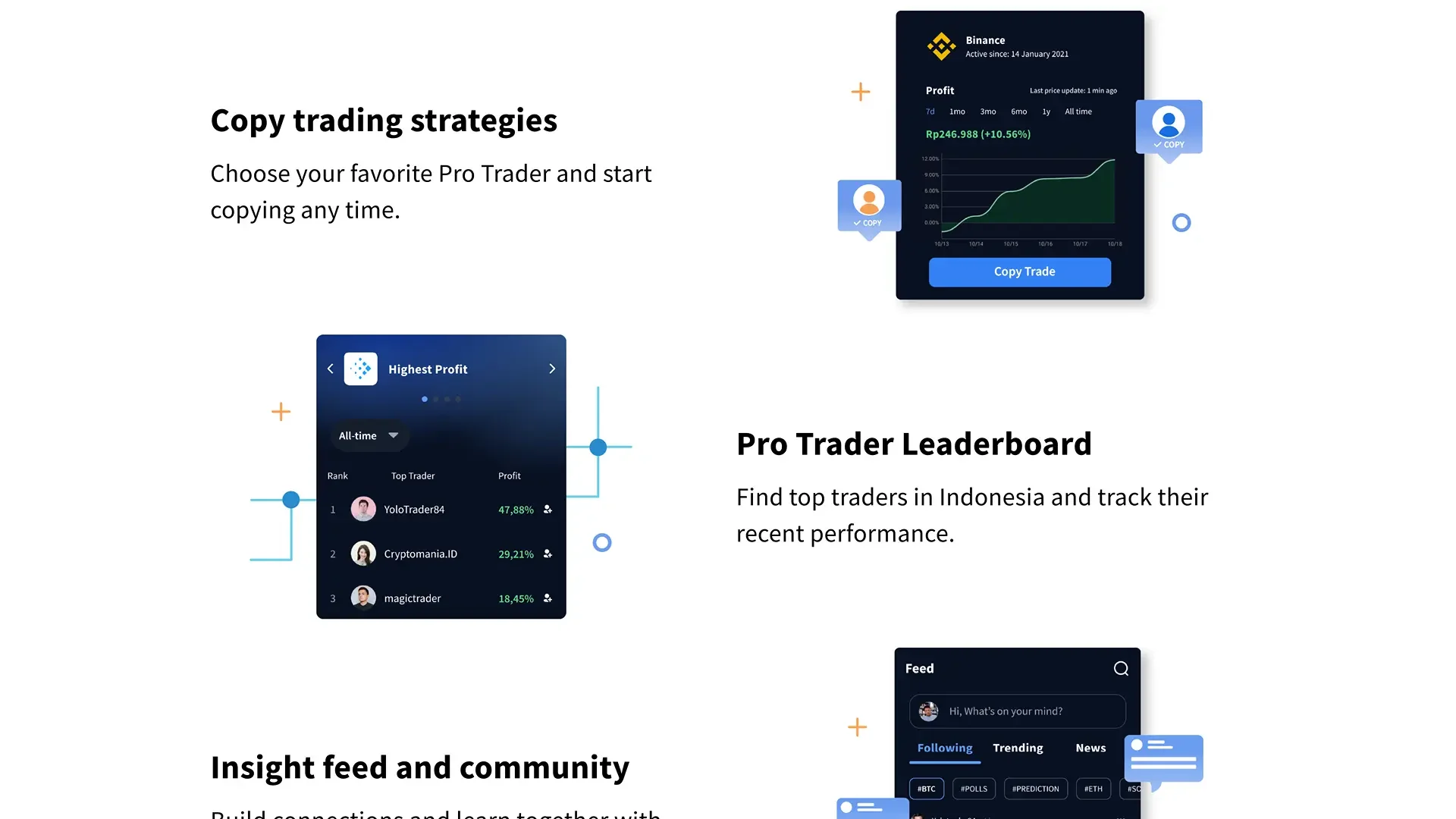 Feature sections for copy trading strategies, the pro trader leaderboard, and the insight feed.