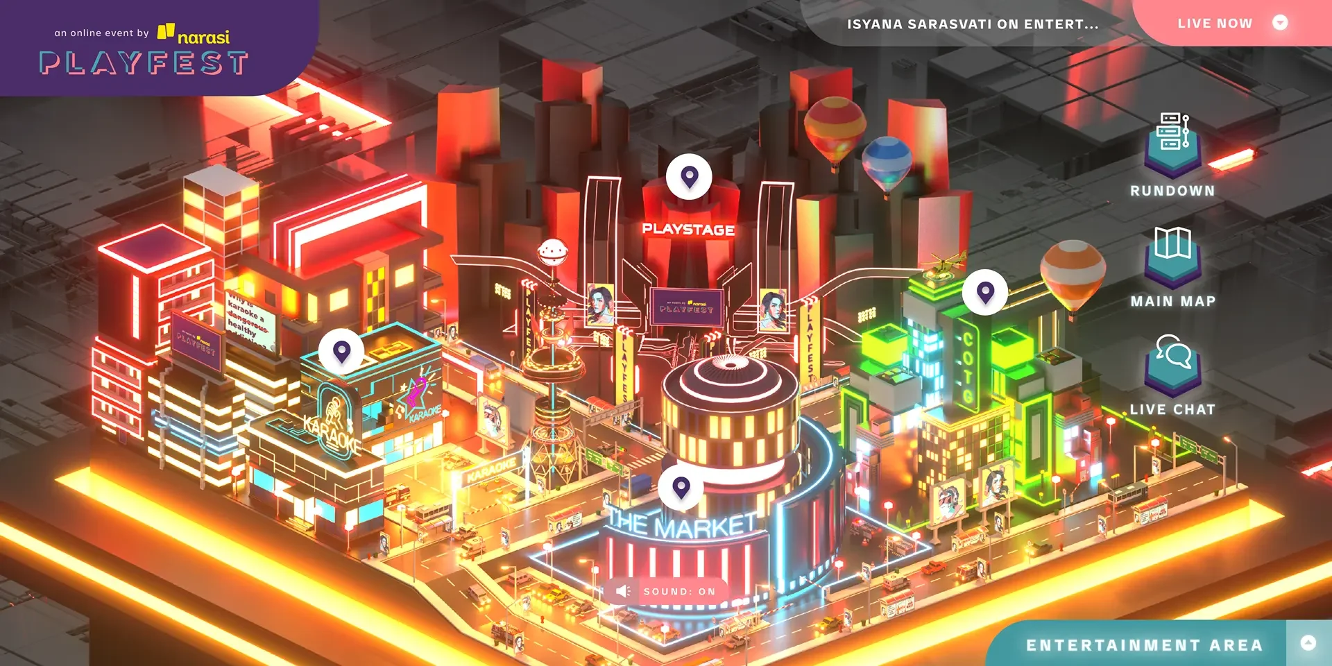Interactive 3D city map of the virtual festival's entertainment area.