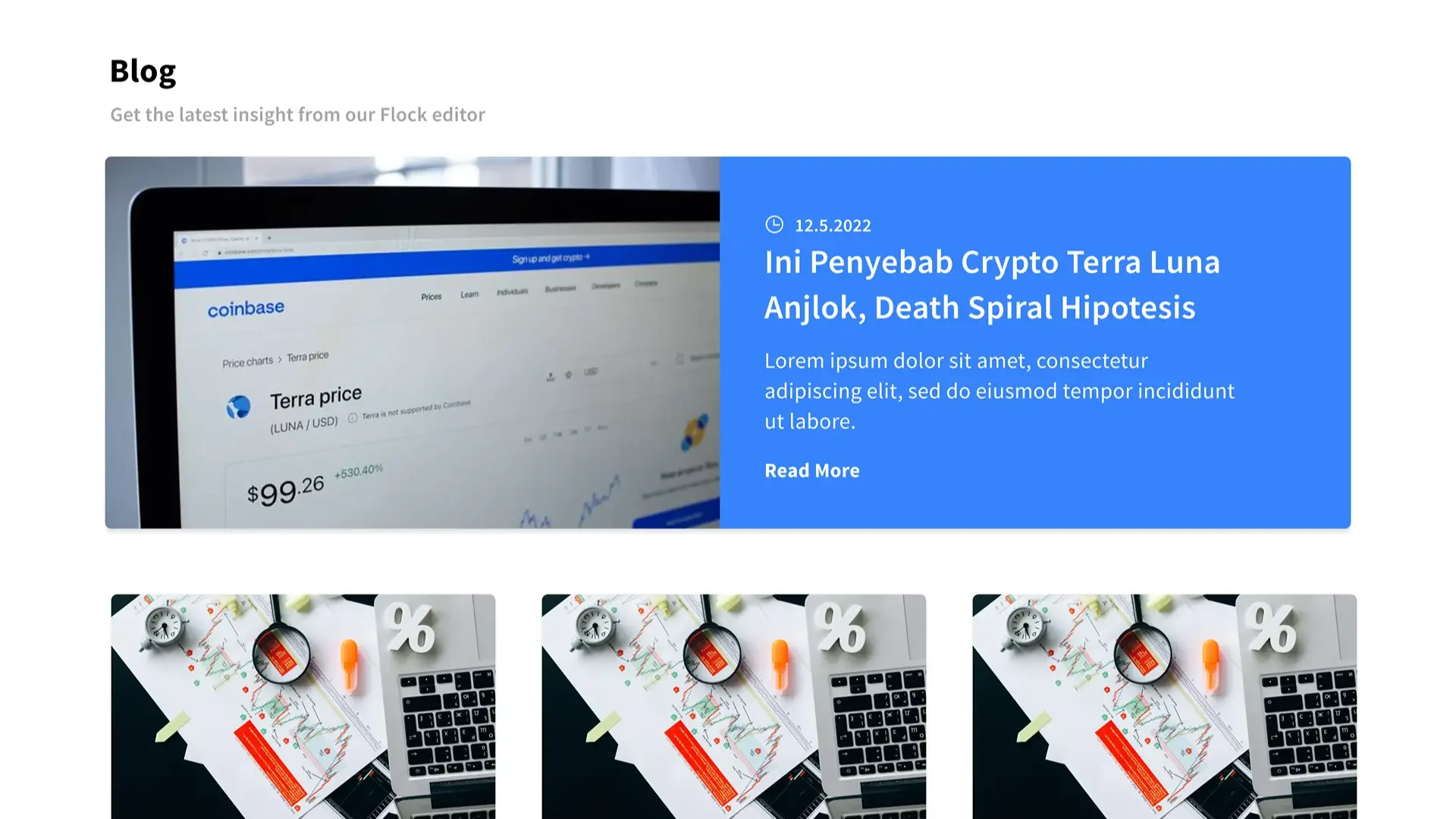Blog page with a featured crypto article and a grid of recent posts.