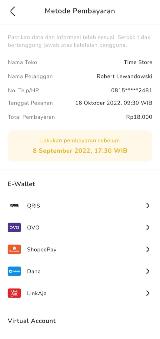 Payment method selection with QRIS, e-wallets, and virtual accounts.