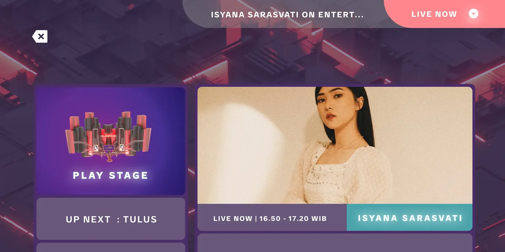 Play Stage panel showing the performer live now and the next act.