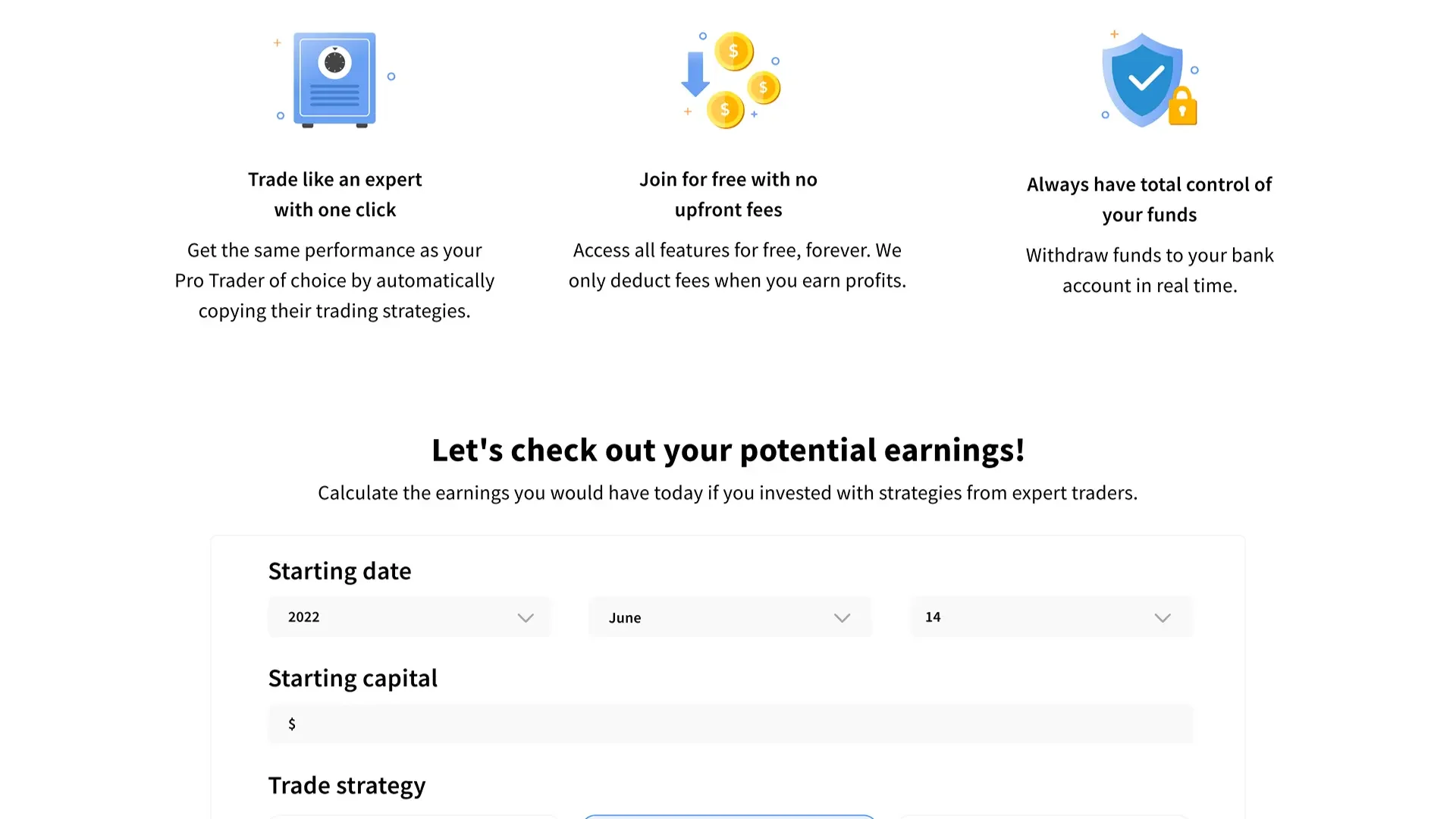 Value propositions above a potential-earnings simulator with start date, capital, and trade strategy inputs.