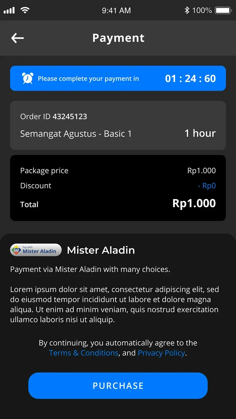 Payment screen with a countdown timer, order summary, and Mister Aladin as the payment method.
