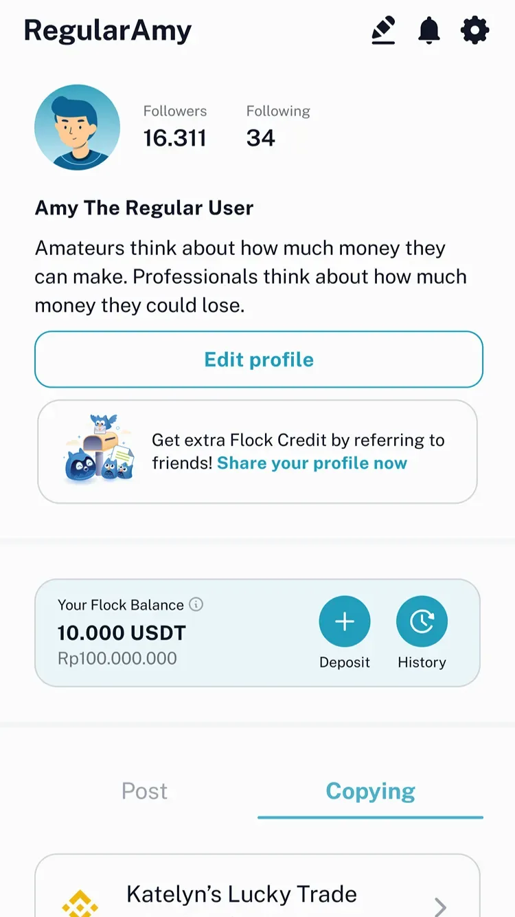 User profile with followers, following, Flock balance, and post and copying tabs.