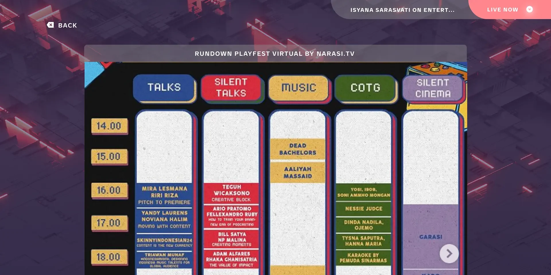Event rundown grid listing sessions across talks, music, and cinema stages.