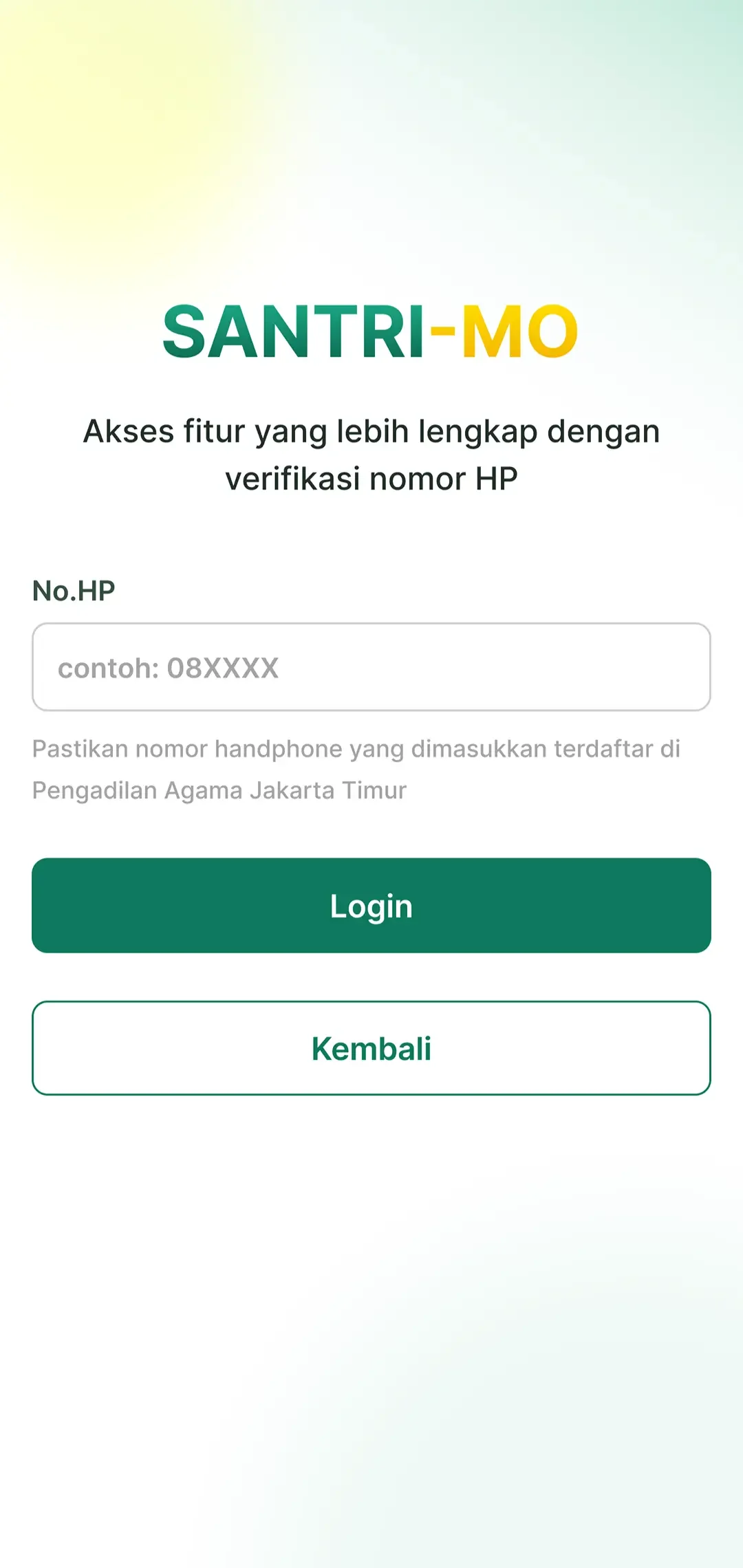 Login screen asking for the phone number registered at the court.