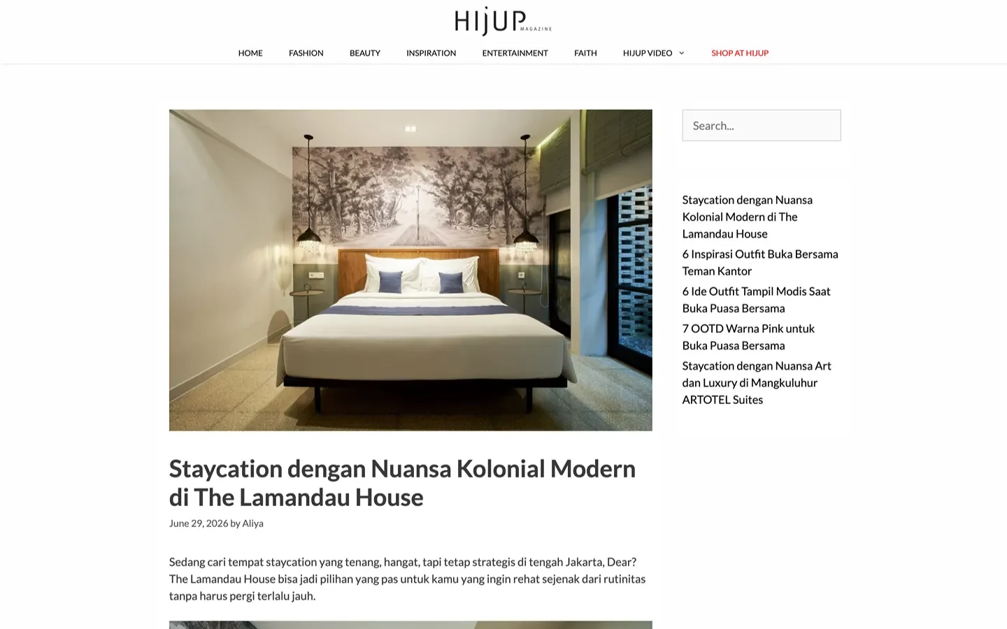 Hijup Magazine article page with a lifestyle story and sidebar of recent posts.