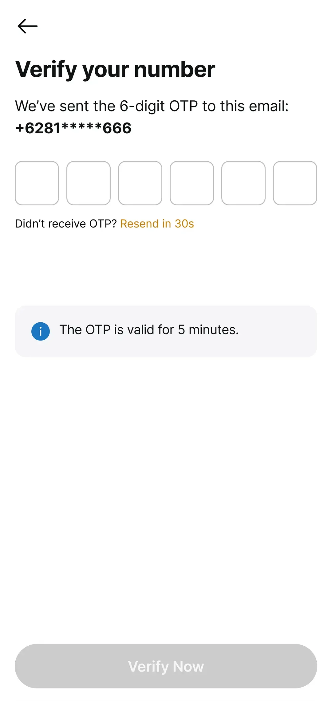Six-digit OTP input for verifying the user's phone number.