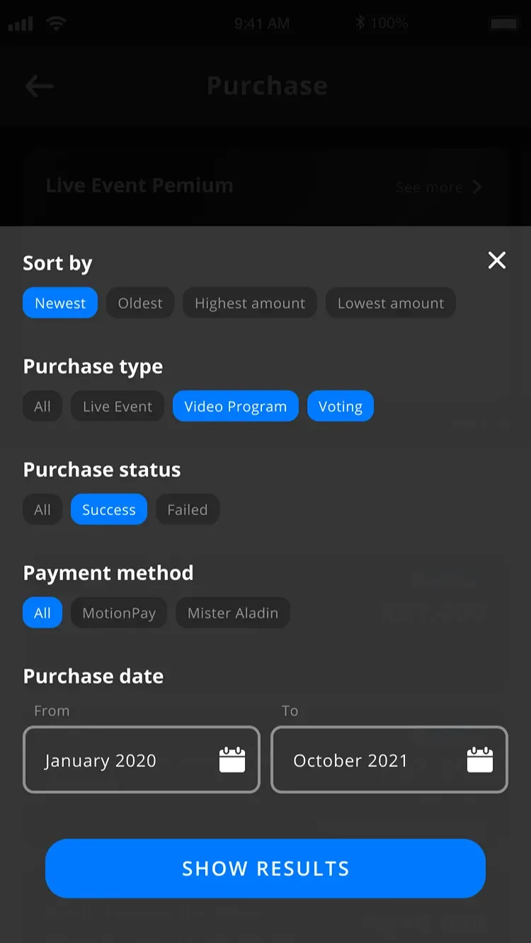Filter sheet for purchase history by sort order, purchase type, status, payment method, and date.
