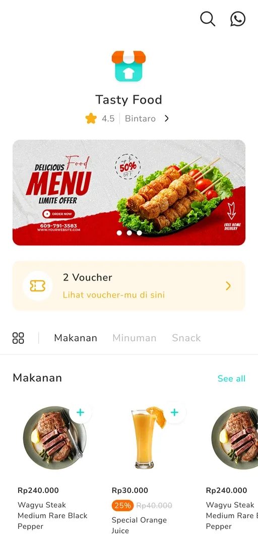 Merchant storefront with a promo banner, vouchers, and menu items by category.