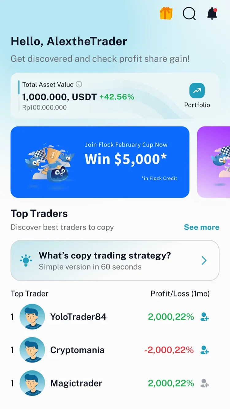 Home screen with total asset value, a promo banner, and the top traders list.