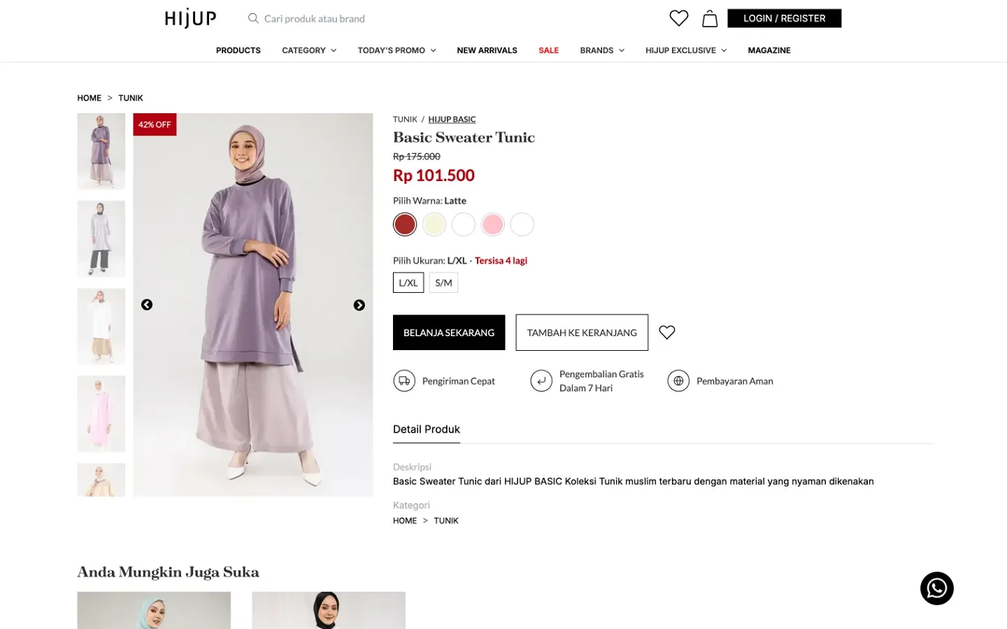 Product page for a tunic with image gallery, price, color and size options, and add-to-cart.