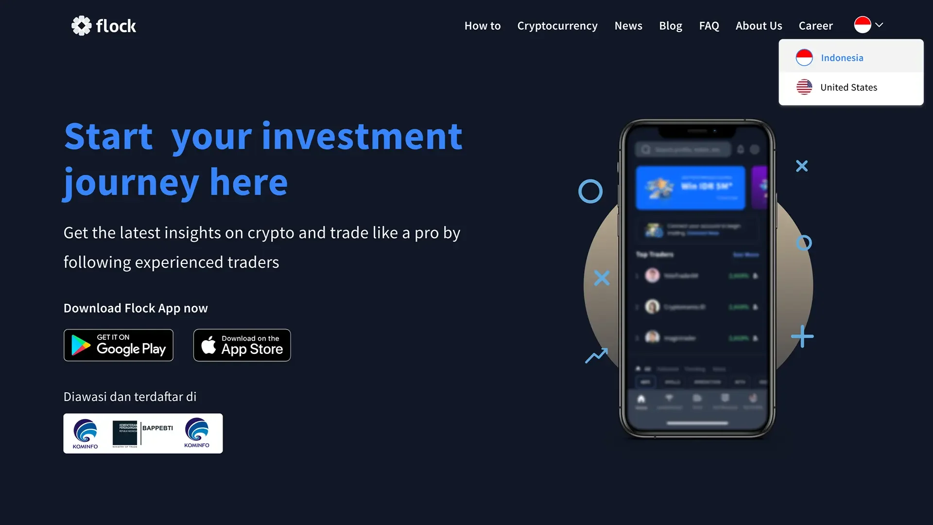 Landing page hero inviting visitors to start investing, with app store download buttons.