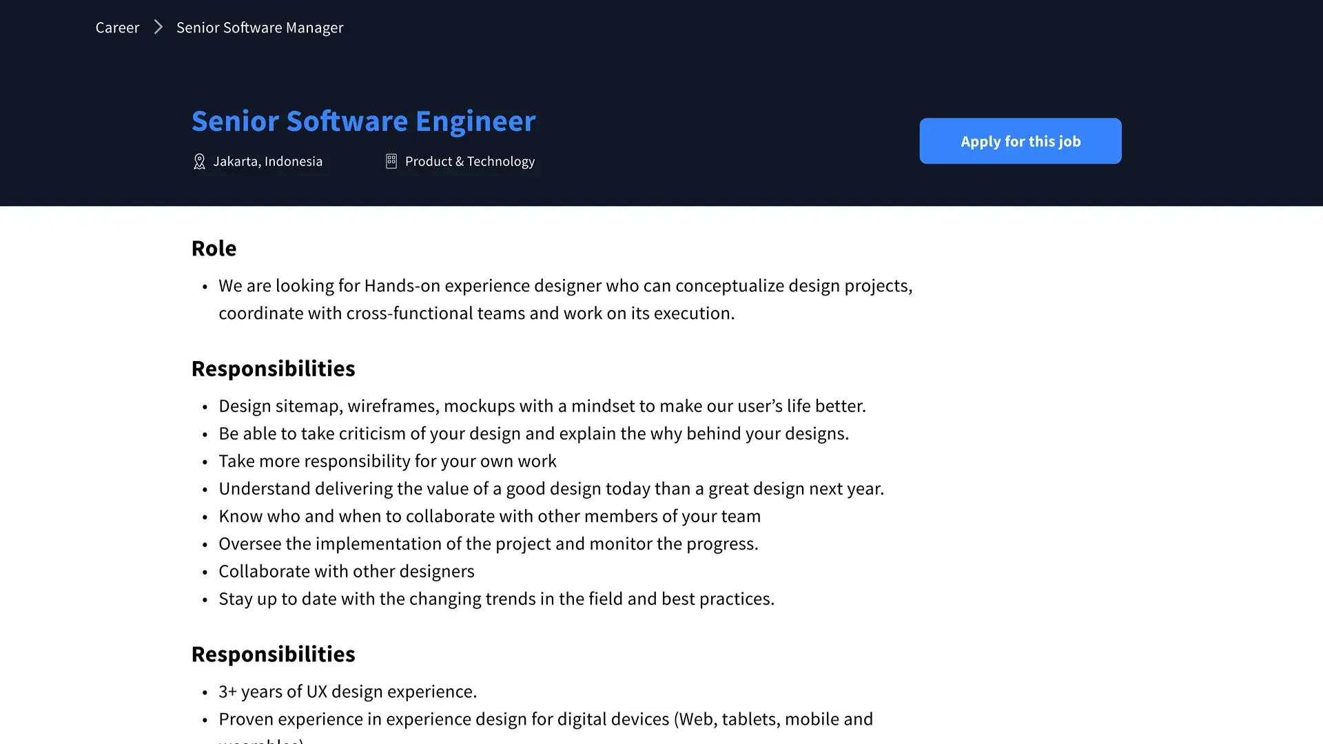 Career portal job detail for a Senior Software Engineer role with responsibilities listed.