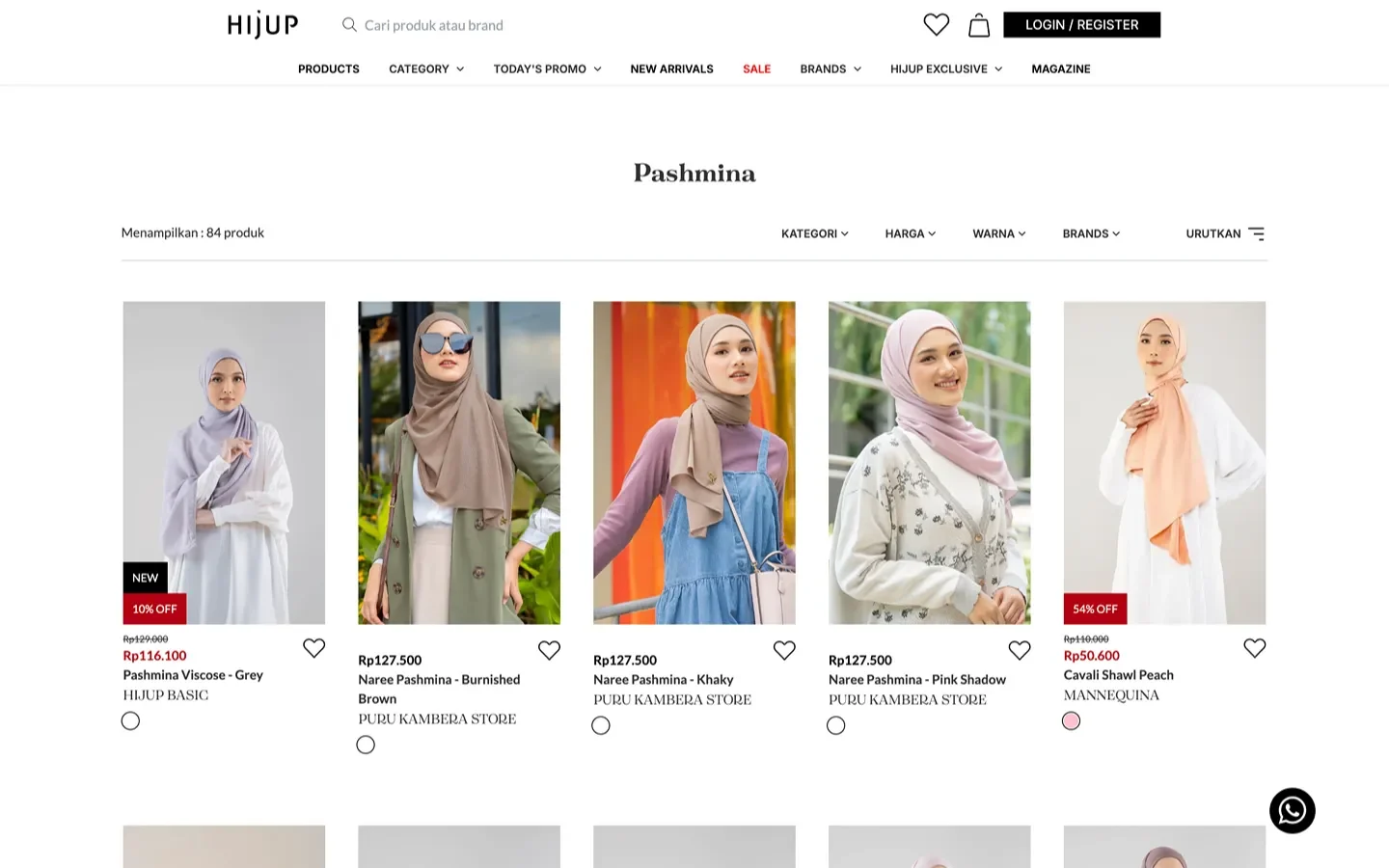 Pashmina category page with filters and a grid of products.