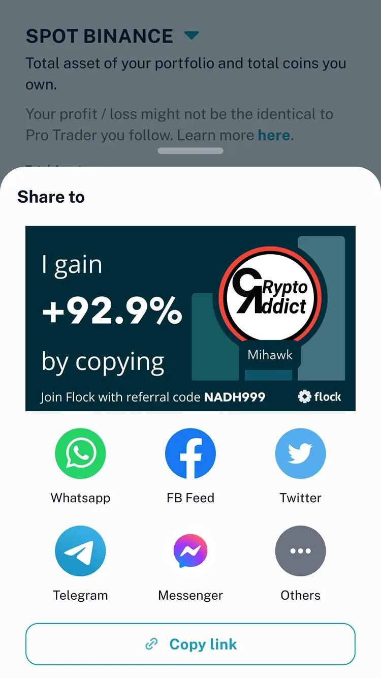 Share sheet for posting a copy-trading gain card to WhatsApp, Facebook, Twitter, and more.