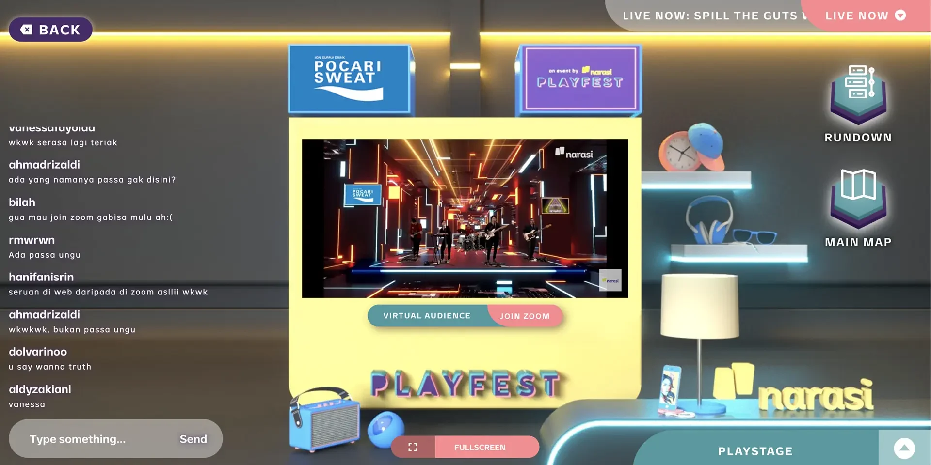 Virtual stage with a live stream, sponsor booths, and a live audience chat.