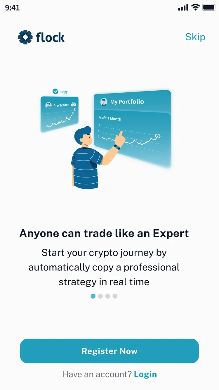 Onboarding screen introducing copy trading with a Register Now button.