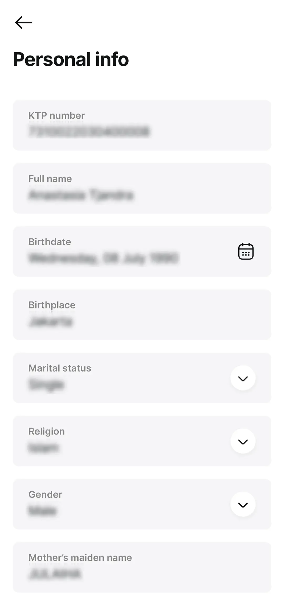 KYC form with KTP number, full name, birth details, and other personal data.