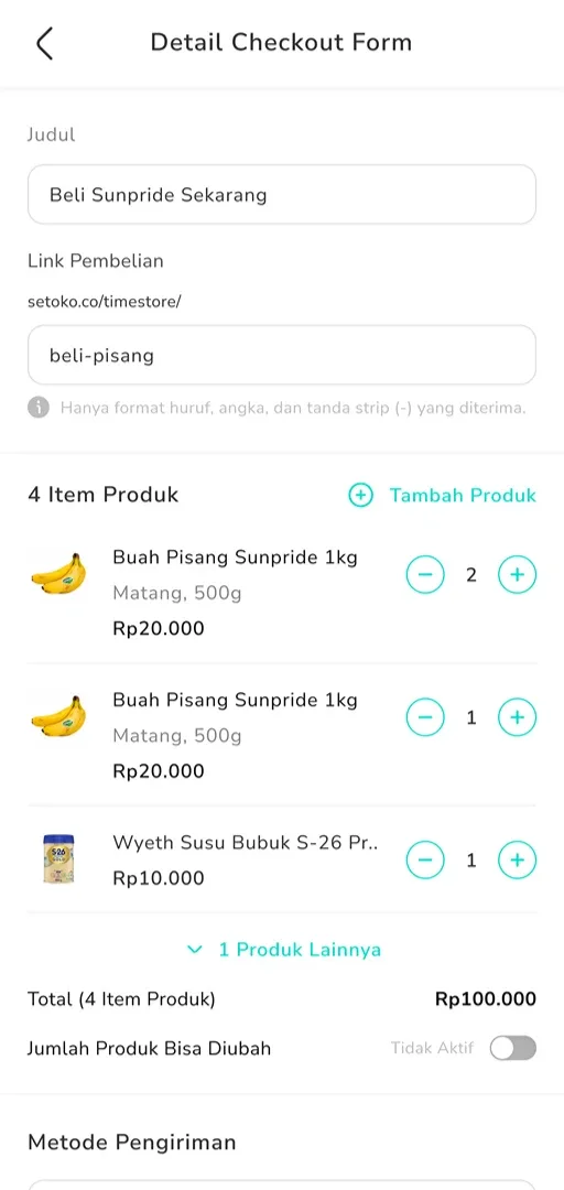 Form for building a checkout link with a title, custom URL, and selected products.